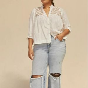 Anthropologie Victorian V Neck Sheer Eyelet Button Down Blouse Sz Sz 16W